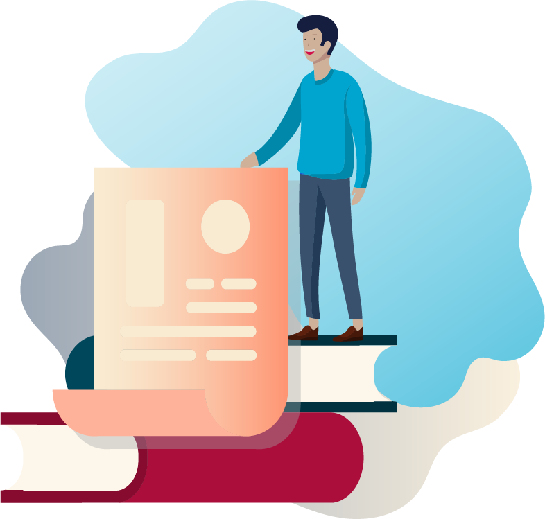 Person holding list while standing on books.